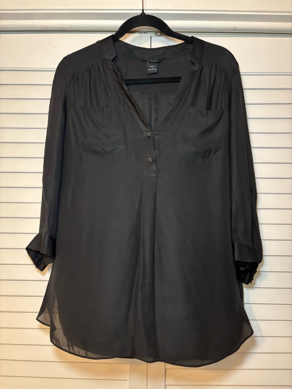 Moda International Women's Silk Blouse Small Black V-Neck Sheer 3/4 Sleeve